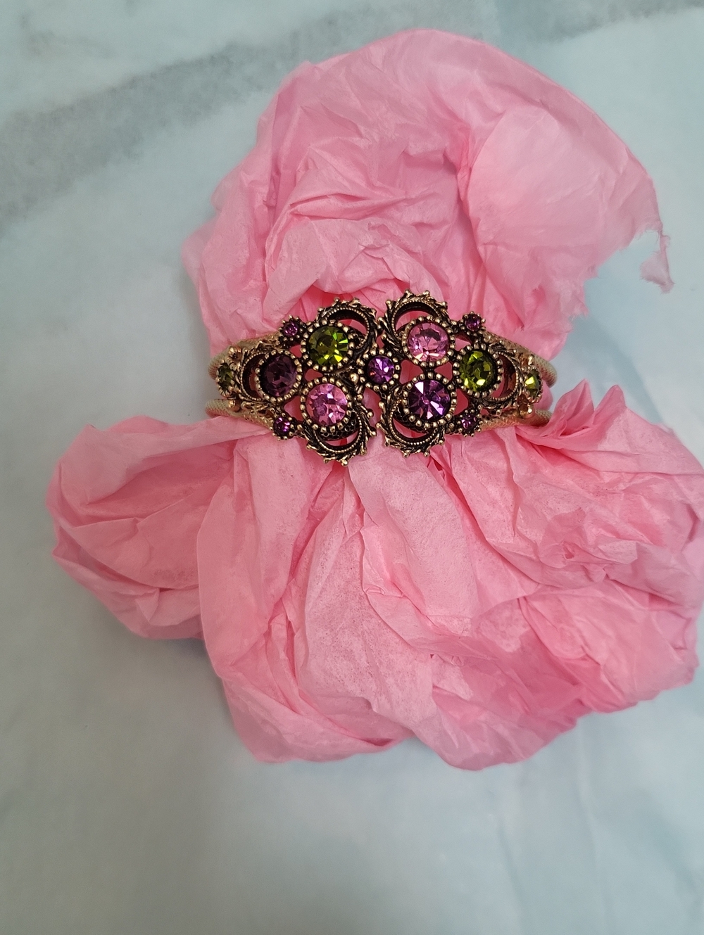 Ornate Pink & Green Crystal Bracelet - Women's Accessory